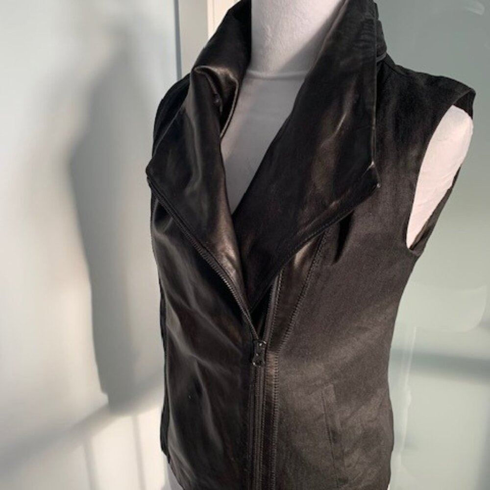 Vince Black Leather & Linen Asymmetric Moto Biker Vest